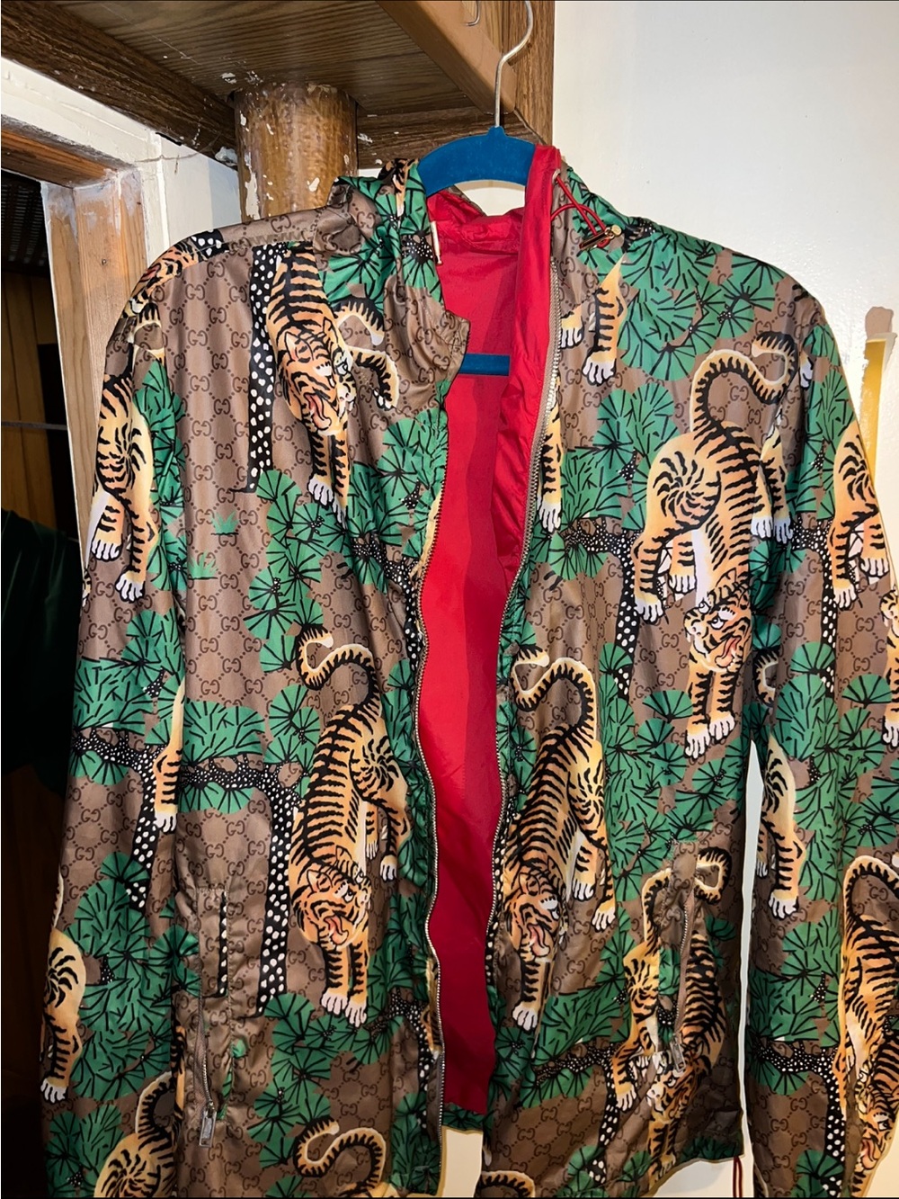 Gucci Brown & Green Tiger Print Zip Windbreaker with Red Lining
